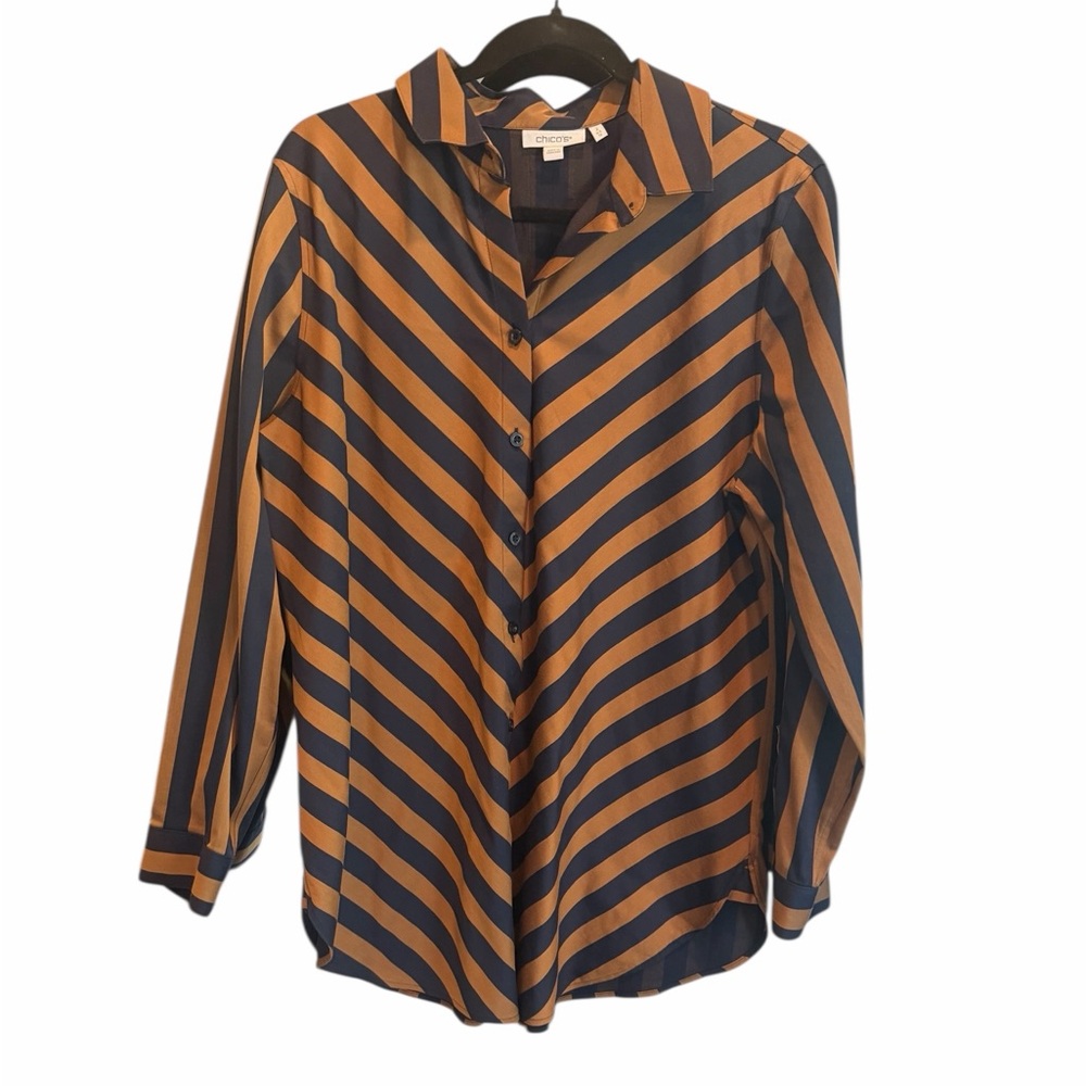 Chico's Diagonal Striped Button-Down Shirt -‎ Black and Brown (size 2)